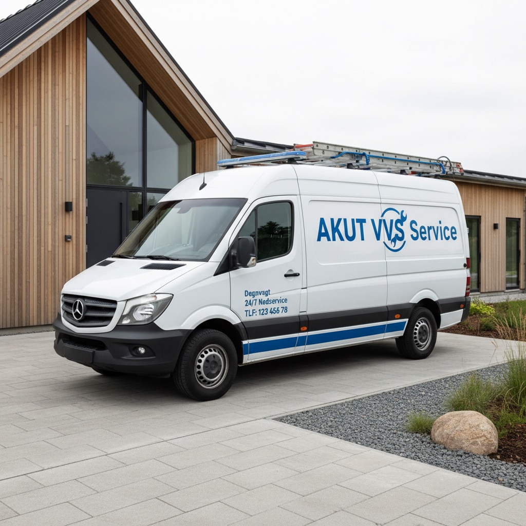 En hvid servicebil fra AKUT VVS Service holder parkeret foran en moderne træbygning.